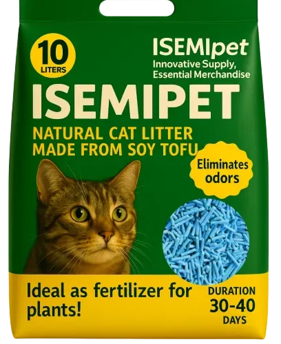 Blue Flushable Tofu Cat Litter in Die cut Handle Flat Bottom Bag by Isemipet
