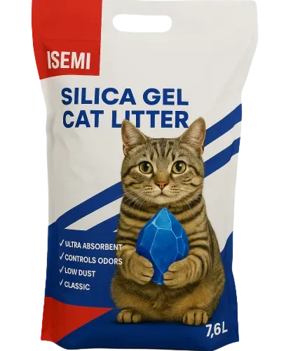 Crystal cat litter silica gel by ISEMIPET, 7.6L flat bottom bag with die-cut handle, ultra absorbent, odor control and low dust, ideal for wholesale and export