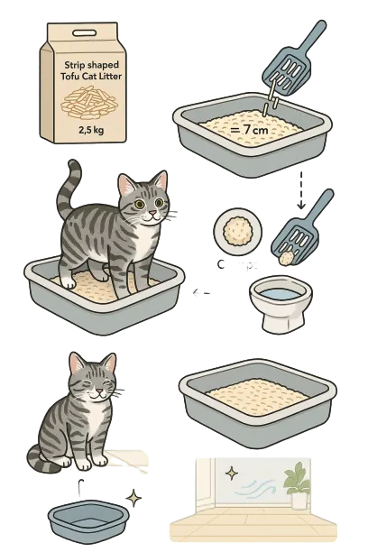 Illustrated Tofu Cat Litter Usage Instructions and Disposal Guide by Isemipet Isemipet Illustrated Tofu Cat Litter Usage Instructions and Disposal Guide by Isemipet