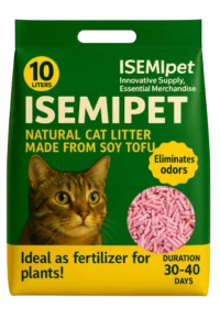 Pink Color Peach Scented Flushable Tofu Cat Litter in Die cut Handle Flat Bottom Bag by Isemipet