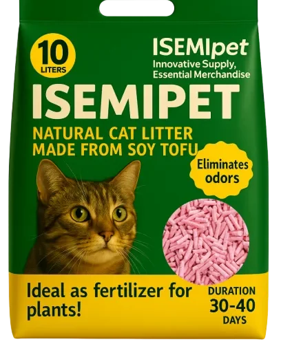 Pink Color Peach Scented Flushable Tofu Cat Litter in Die cut Handle Flat Bottom Bag by Isemipet
