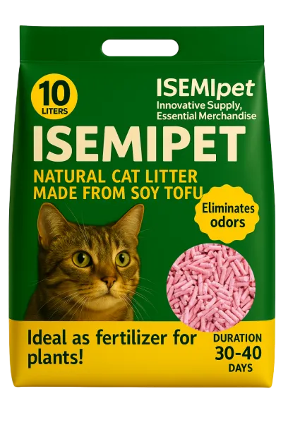 Pink Color Peach Scented Flushable Tofu Cat Litter in Die cut Handle Flat Bottom Bag by Isemipet