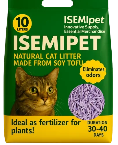 Purple Flushable Tofu Cat Litter in Die cut Handle Flat Bottom Bag by Isemipet