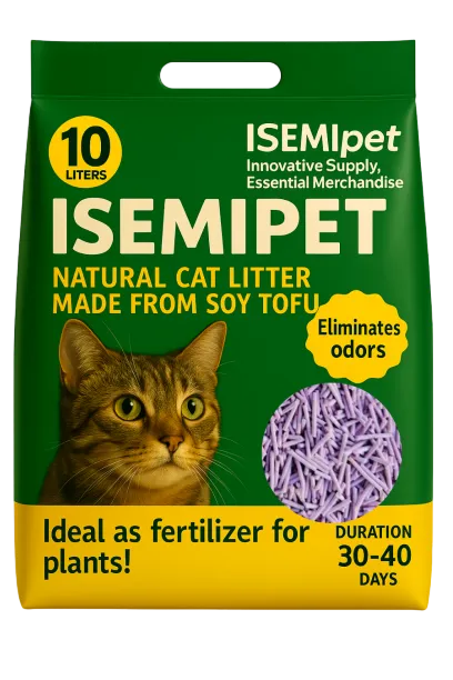 Purple Flushable Tofu Cat Litter in Die cut Handle Flat Bottom Bag by Isemipet