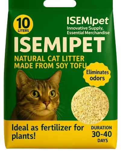 Yellow Crumbled Corn Cat Litter and Tofu Cat Litter in Die cut Handle Flat Bottom Bag by Isemipet