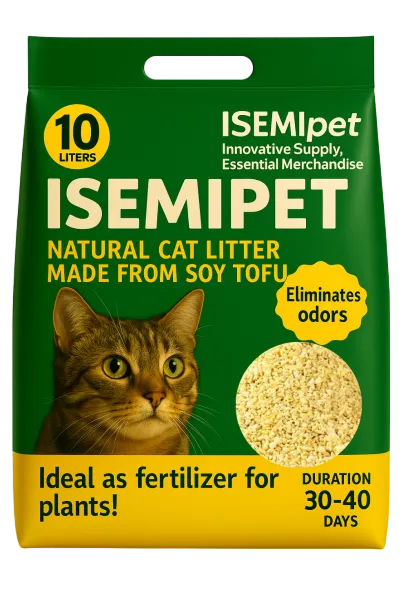 Yellow Crumbled Corn Cat Litter and Tofu Cat Litter in Die cut Handle Flat Bottom Bag by Isemipet