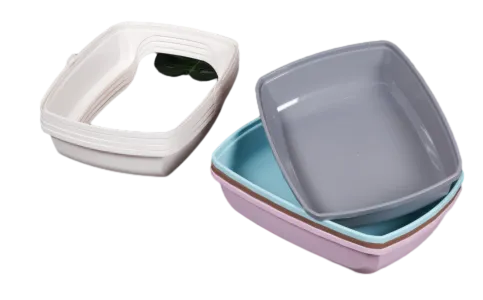 Stack of Pink Teal and Grey Minimalist Cat Litter Boxes
