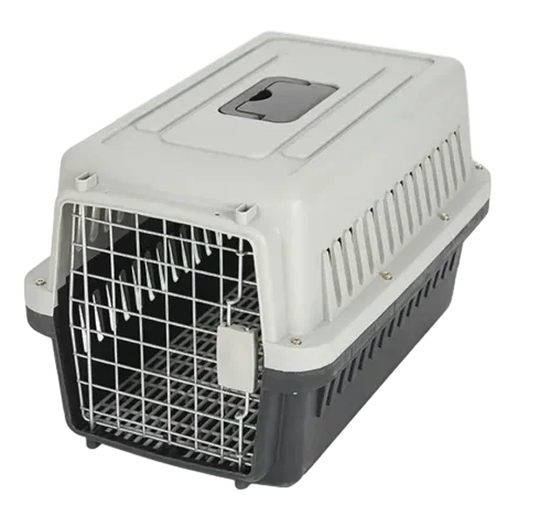 Single Portable Pet Carrier in Gray and Black with Front Iron Gate
