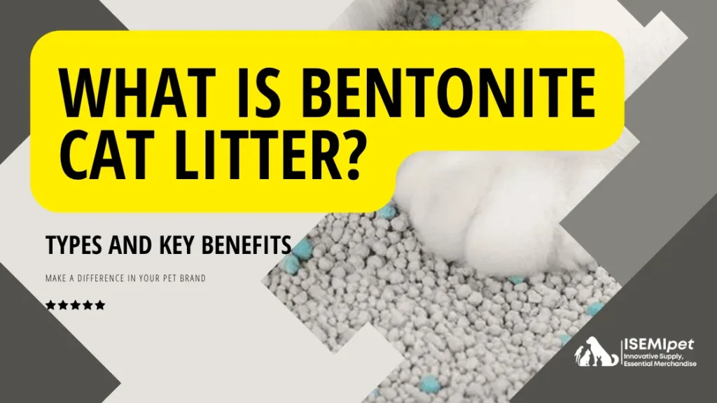 White Cat Paw Stepping on Grey Bentonite Cat Litter with Blue Deodorizing Beads and Bold Yellow Text Title