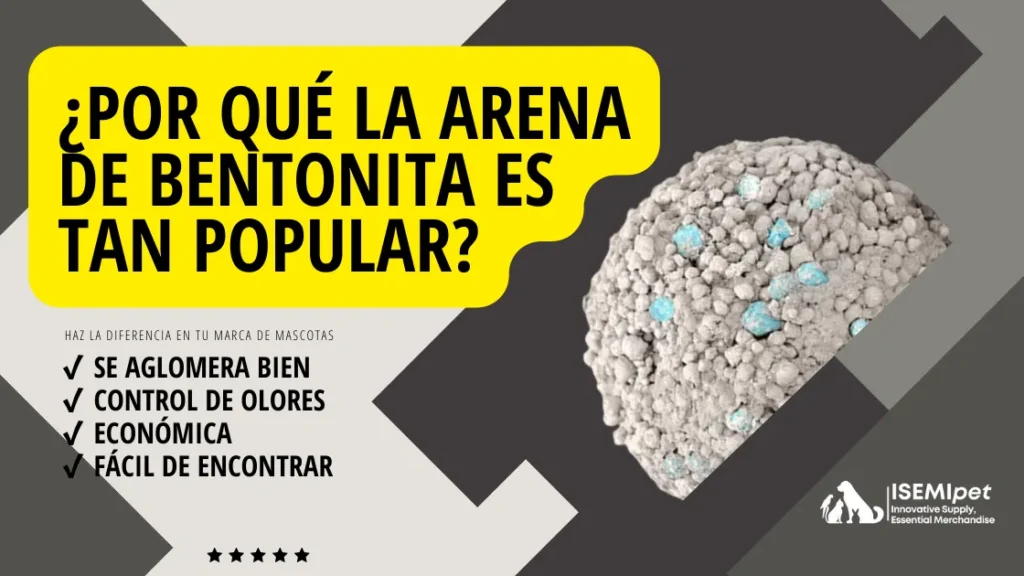 Bloque de arena de bentonita con partículas azules sobre fondo gris, junto a lista de ventajas destacadas.