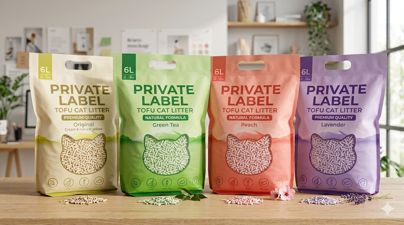 Group of four flavored tofu cat litter stand-up pouches arranged together