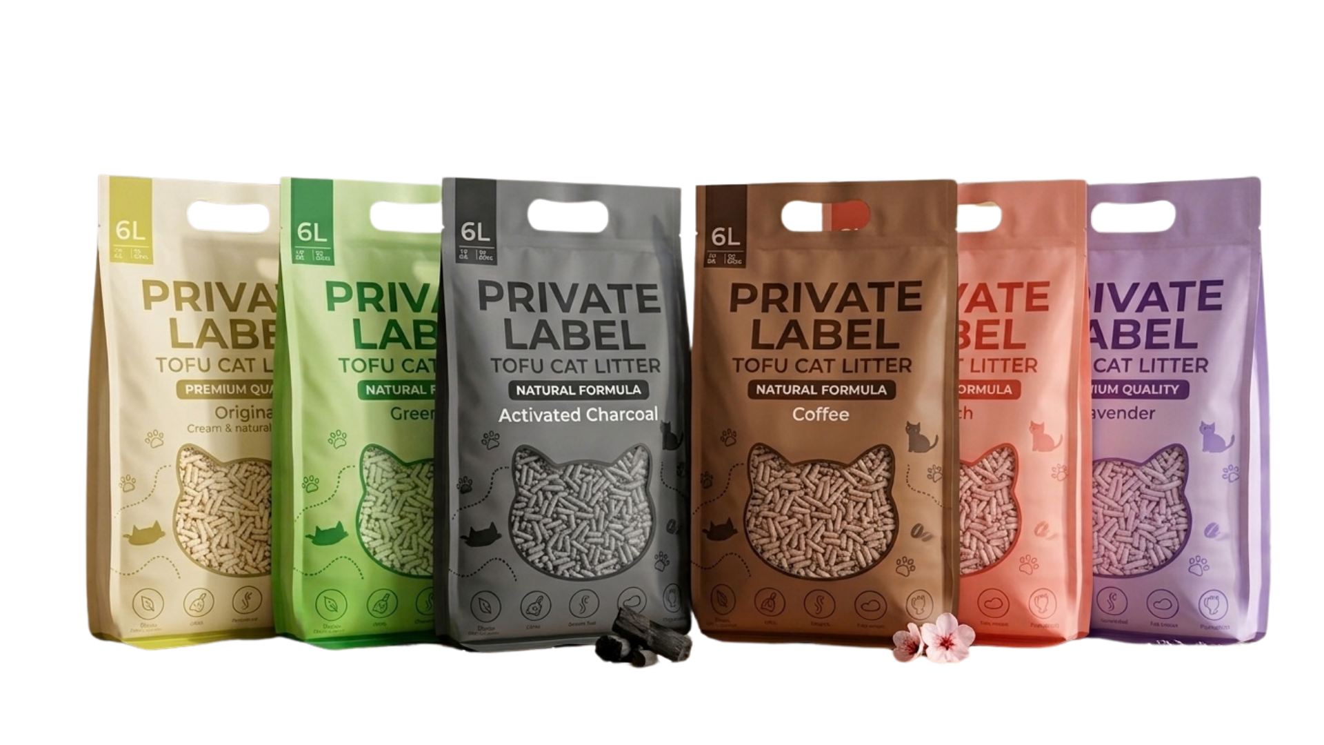 Front view of six colored stand-up pouches of tofu cat litter, one per flavor