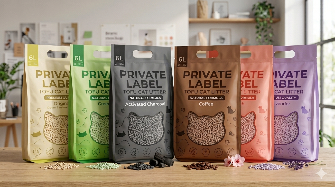 Full range of six flavored tofu cat litter stand-up pouches side by side