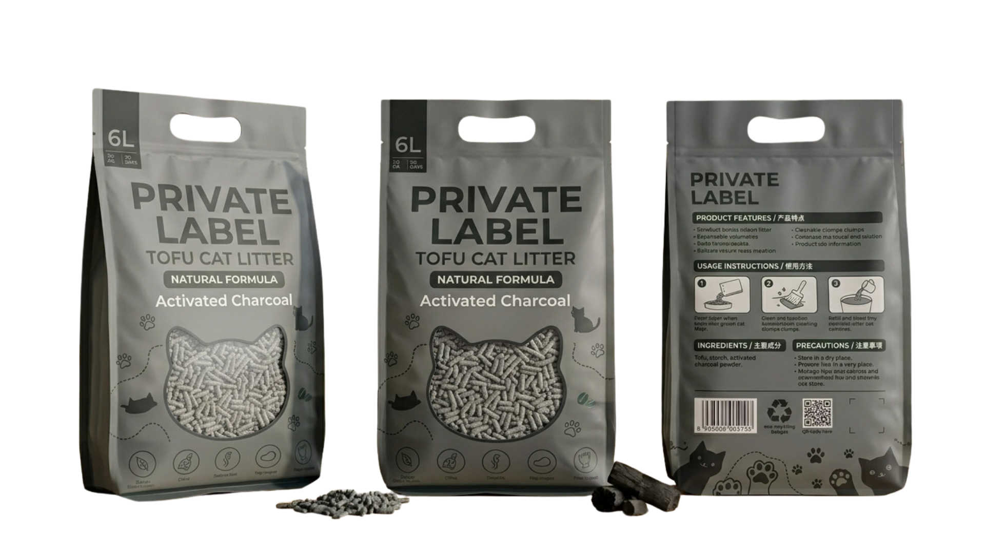 Activated charcoal 6L stand-up pouch of tofu cat litter in black packaging