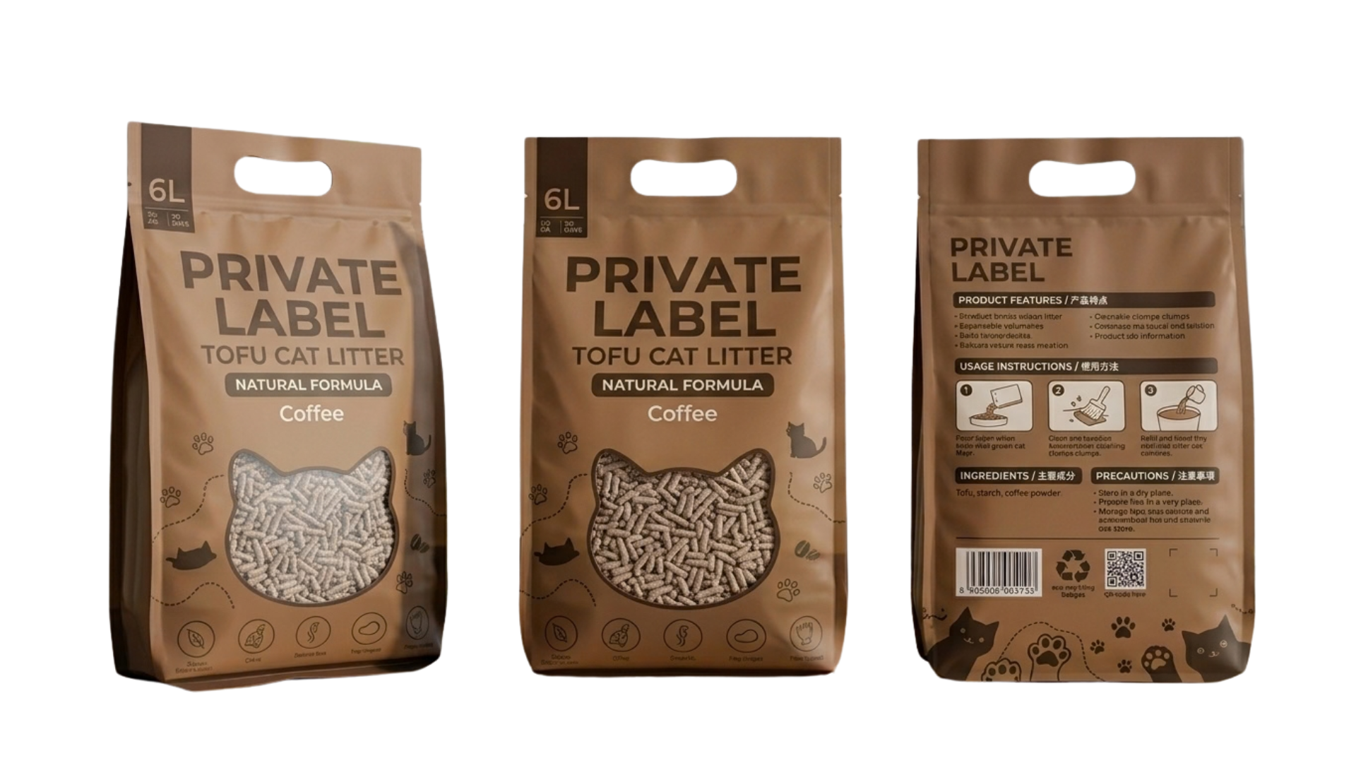 Three views of a 6L stand-up pouch with welded carry handle for coffee-scented tofu cat litter